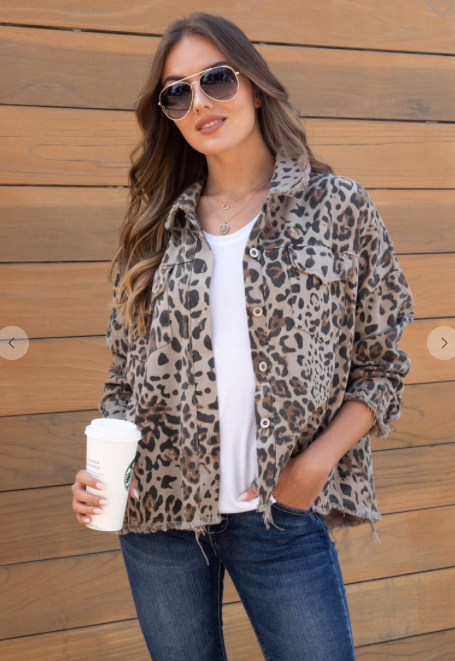 LEOPARD FRINGE EDGE BUTTON DOWN JACKET