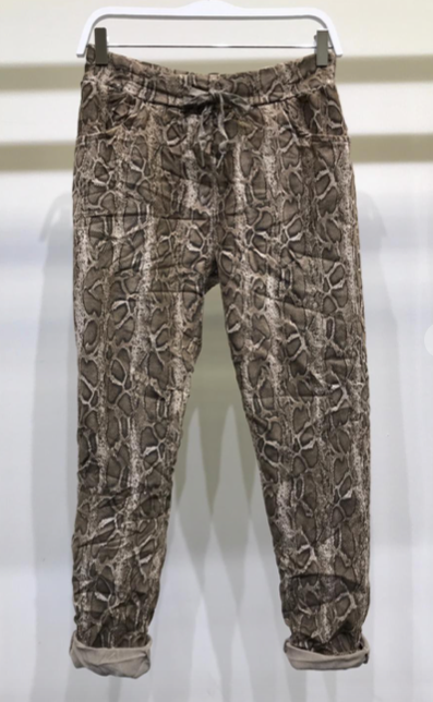 SUEDE SNAKE PRINT CRINKLE JOGGER  IN MOCHA SNAKE