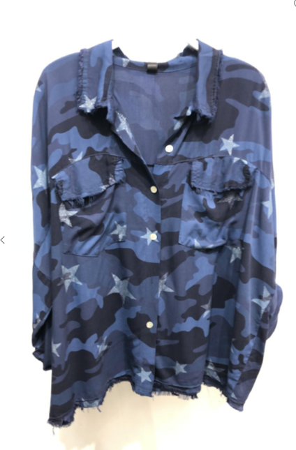 BLUE CAMO RAW FRINGE EDGE BUTTON DOWN SHIRT