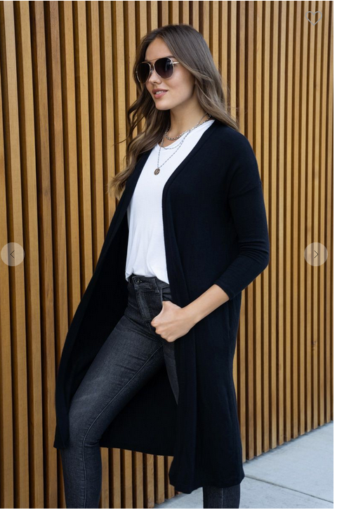 3/4 SLEEVE SOFT KNIT LONG CARDIGAN IN BLACK