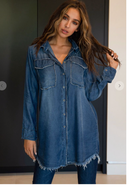 FRINGE EDGE LUREX TRIM LONG SLEEVE DENIM TOP