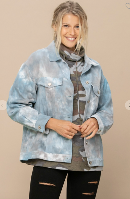 Damaged tie-dye printed denim jacket featuring long sleeves and front breast pockets.