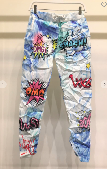 OMG SMASH" MULTI COMIC PRINT CRINKLE JOGGER