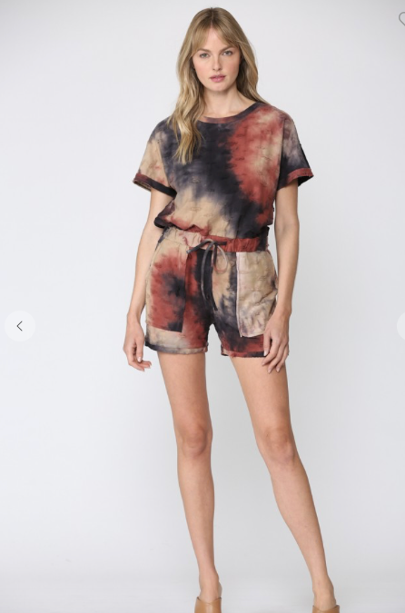 Elastic waist with drawstring, distressed tie dye romper