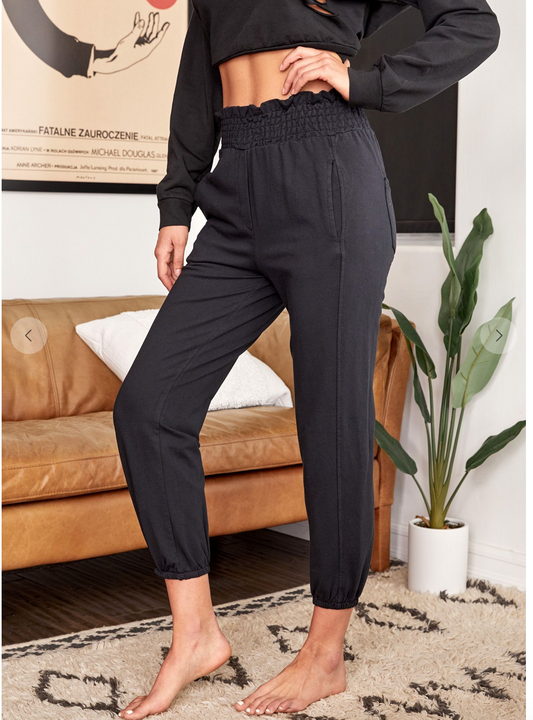 RUCHED RUFFLE WAISTBAND SOLID JOGGER WITH POCKETS