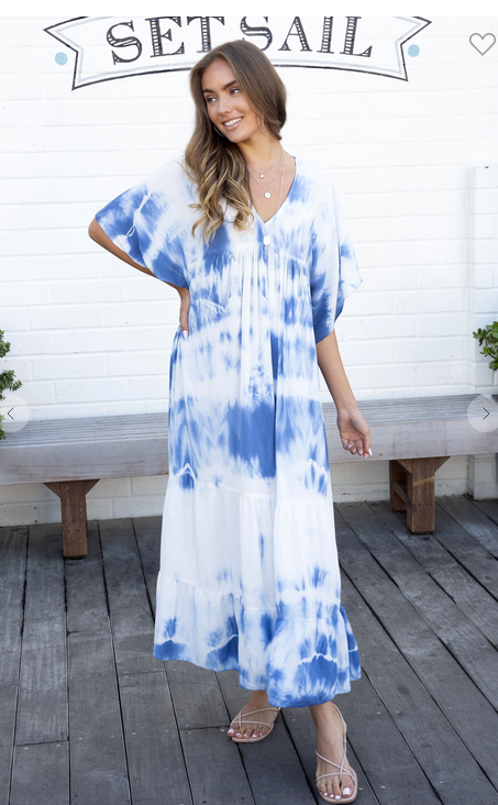 BOHEMIAN TIE DYE BOTTOM RUFFLE MAXI DRESS  DENIM BLUE