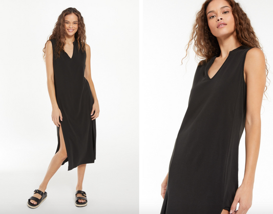 Z SUPPLY TAWNEY NOTCH FRONT DRESS IN BLACK