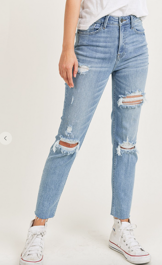 RISEN HIGH RISE DISTRESSED RELAXED FIT SKINNY