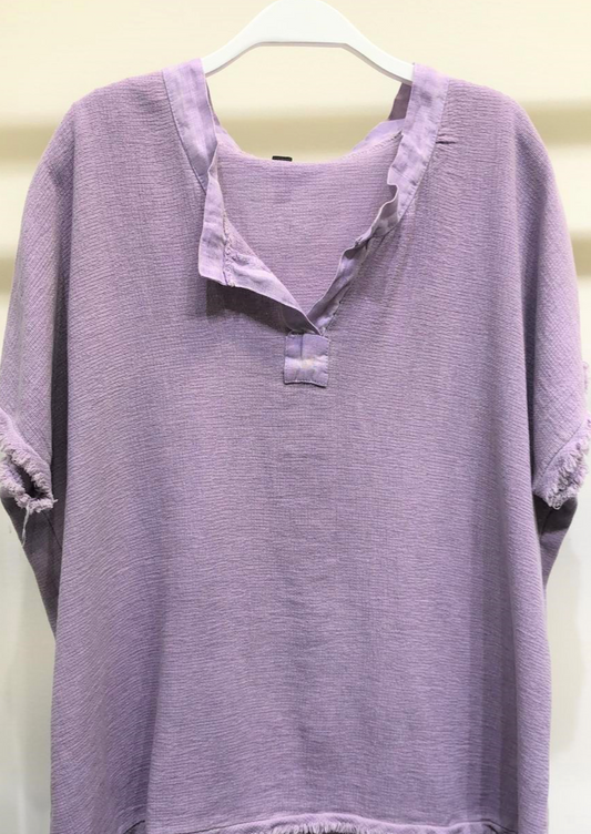 SHORT SLEEVE LINEN GAUZE OVER SIZED TOP IN LILAC