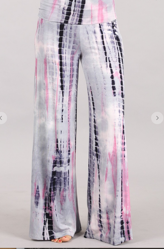 Tie dye wide leg palazzo pants with a wide fold-over waistband