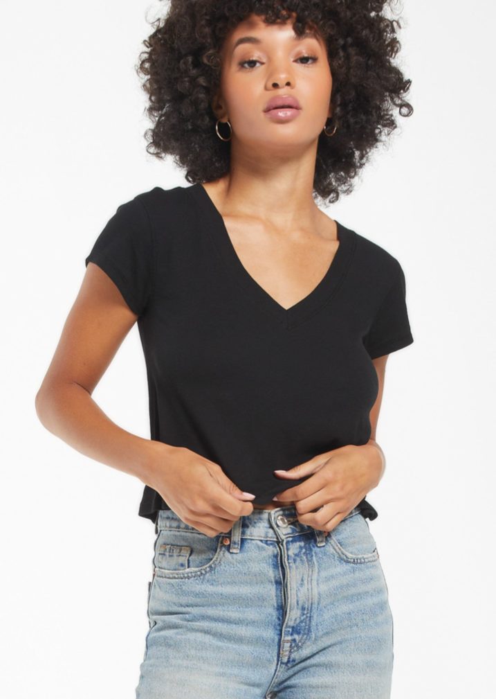 Z SUPPLY AVA RIB V-NECK TEE IN BLACK AND WHITE