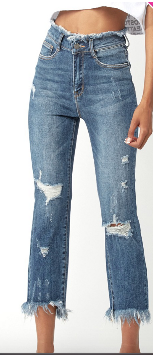 RISEN HIGH RISE FRAYED HEM STRAIGHT LEG JEANS