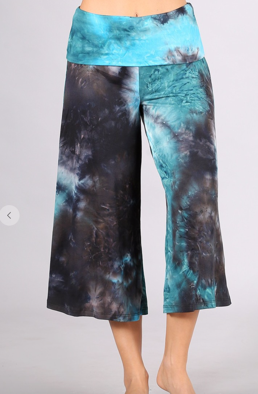 TYE DYE TEAL MIX GAUCHO PANTS