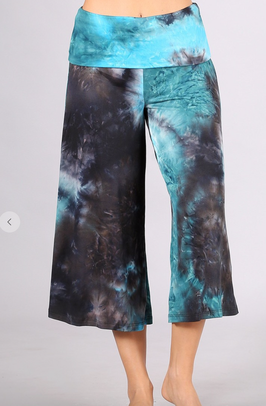 TYE DYE TEAL MIX GAUCHO PANTS