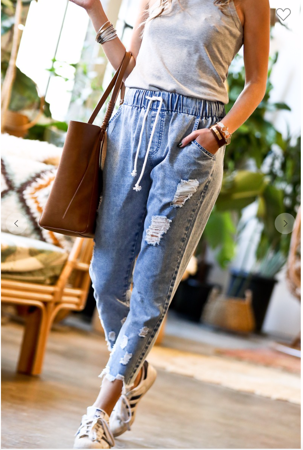 Elastic waist with drawstring distressed detail denim pants