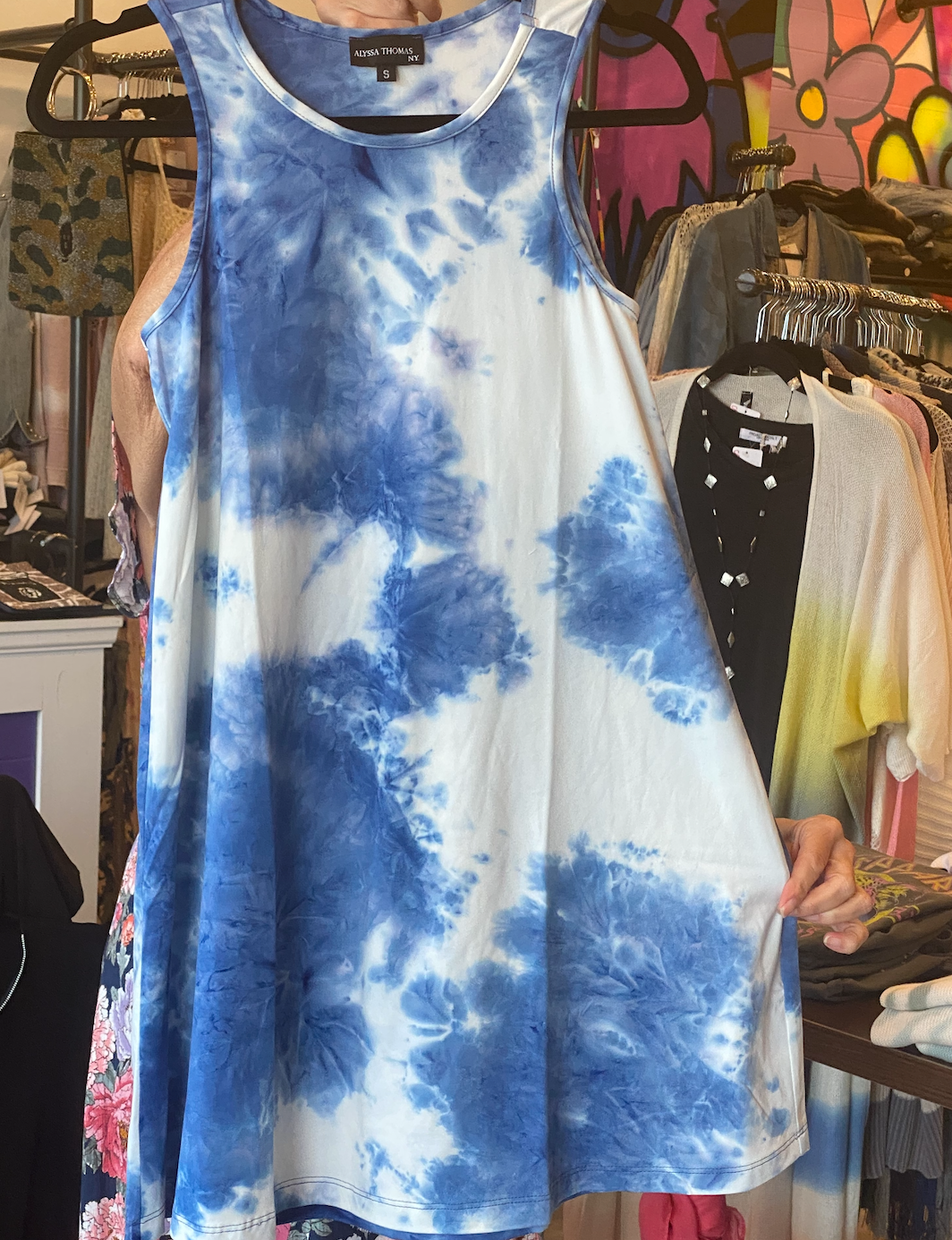 TYE DYE TANK DRESS IN BLUE AND WHITE