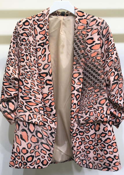 ABSTRACT LEOPARD PRINT RUCHED SLEEVE BLAZER