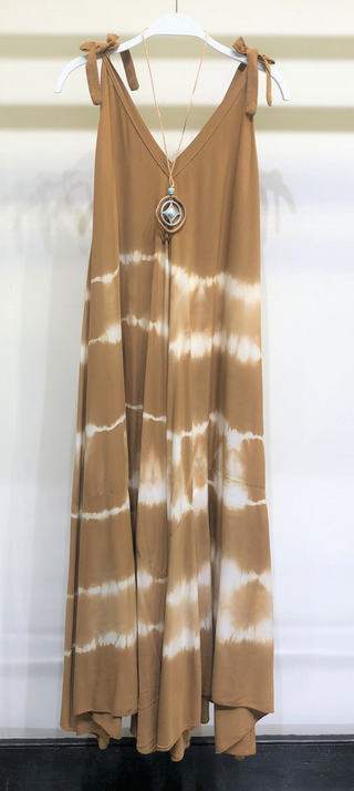 ALLIGATOR TIE DYE V NECK ASYMMETRICAL MAXI DRESS in TOBACCO