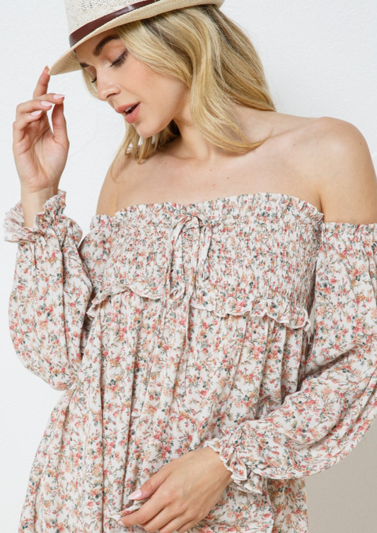 Off the Shoulder Smocked Cinched Front Tie Top