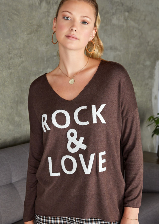 FUZZY ROCK LOVE PRINT LONG SLEEVE V NECK SWEATER   IN BROWN