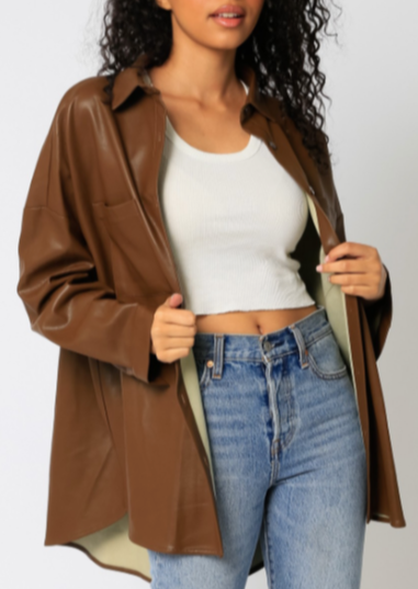 Faux Leather Oversized Shacket IN BROWN