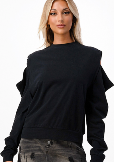 Cold Shoulder Long Sleeve Top  IN BLACK