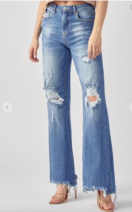 RISEN HIGH-RISE DISTRESSED WIDE LEG DAD JEANS