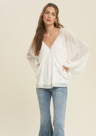 BATWING DOUBLE LAYER BLOUSE TOP IN IVORY AND WINE