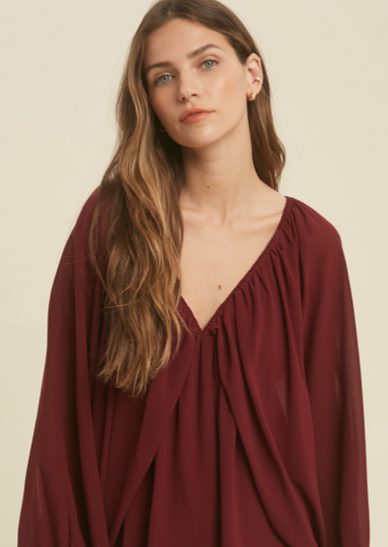 BATWING DOUBLE LAYER BLOUSE TOP IN IVORY AND WINE