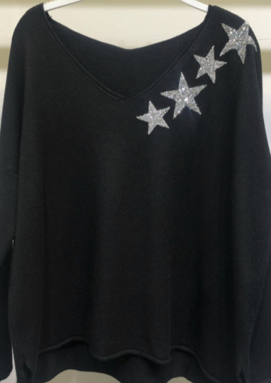 RHINESTONE STAR V NECK LONG SLEEVE SWEATER  8036 RSTONESTAR- ONE SIZE