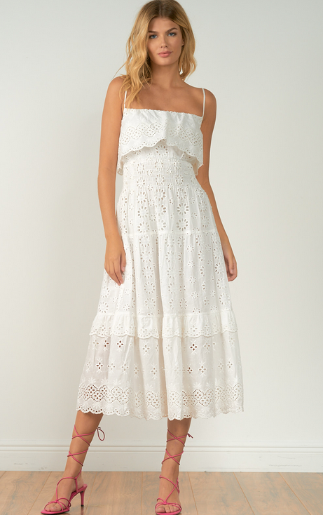 ELAN S22 SPAGHETTI STRAP RUFFLE WHITE DRESS