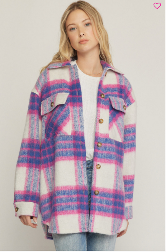 FUZZY PLAID JACKET IN PINK AND BLUE