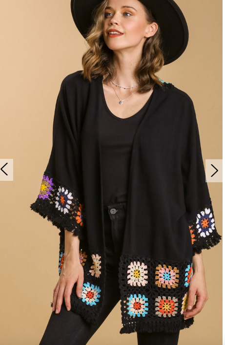 Linen Blend Open Front Color Crochet Long Sleeve Kimono