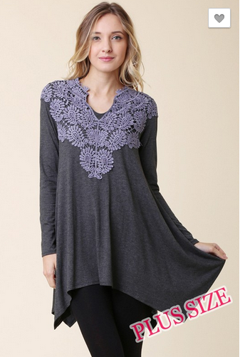 PLUS SIZE LONG SLEEVE SHARK BITE SOLID TOP WITH CROCHET TRIM