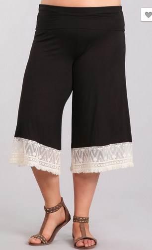 PLUS Gaucho pants with fold over waistband and lace.