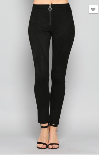 BLACK SUEDE LEGGINGS  WITH FRONT ZIPPER DETAIL