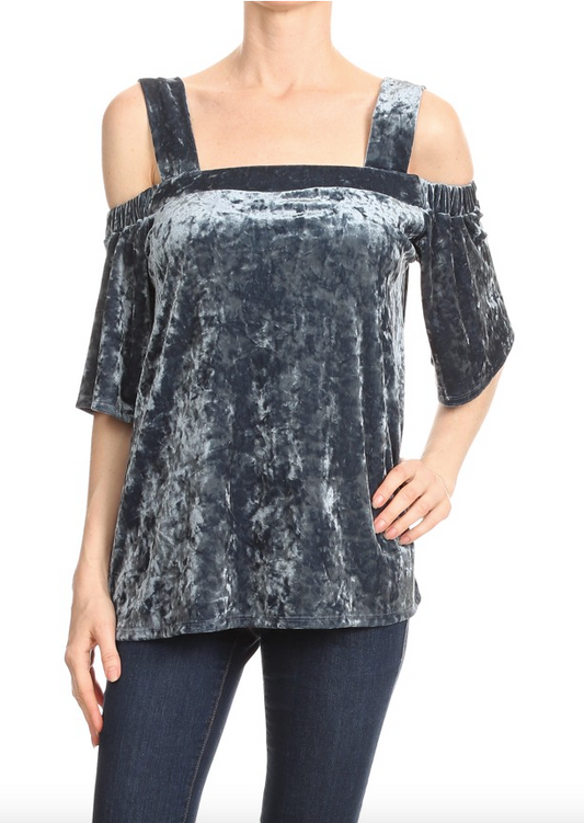 TEAL CRUSHED VELVET COLD SHOULDER TOP