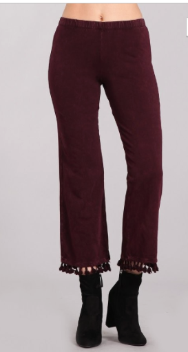BURGUNDY MINERAL WASHED TASSLED HEM PANTS