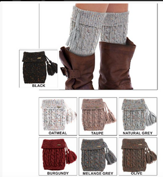 CC Knitted boot cuffs with Tassel IN BLACK AND TAUPE