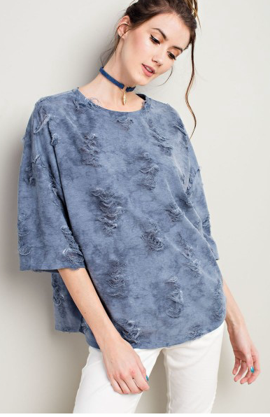 DENIM DISTRESSED TERRY KNIT BOXY TOP