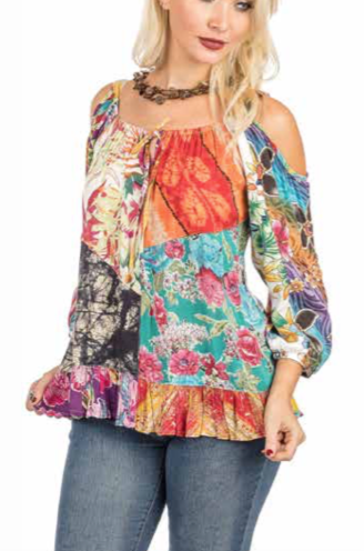 PATCHWORK RUFFLE COLD SHOULDER TOP 218196