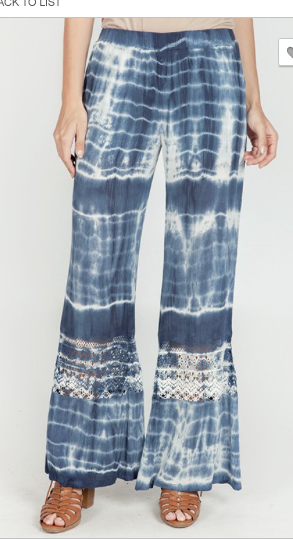 TIE DYE CROCHET LACE PANELED BELL BOTTOM PANTS in BLUE