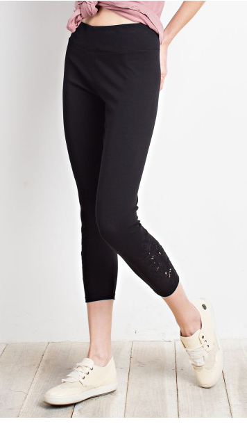 BLACK  SOFT LEGGING WITH ELASTIC WAIST, CROPPED, STRETCHY FIT, FEATURED FLORAL EMBROIDERY DETAILING LEGGINGS
