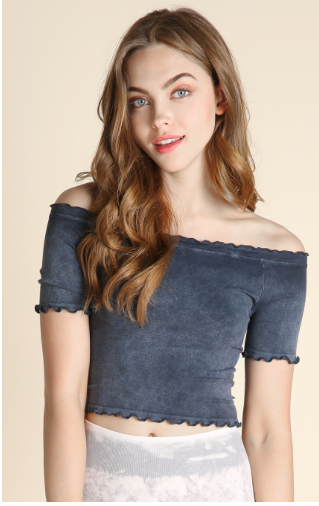NIKIBIKI LETTUCE EDGE OFF SHOULDER TOP IN VINTAGE DENIM ONE SIZE