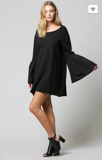 POPLIN BELL SLEEVE FRENCH TERRY DRESS
