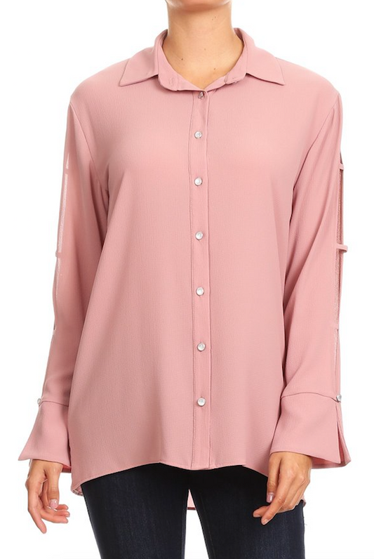 MAUVE CUT OUT SLEEVE BUTTON DOWN TOP