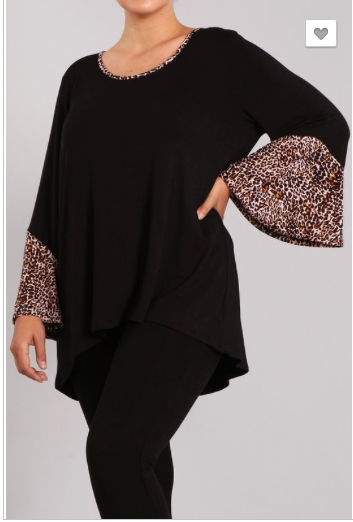 PLUS Knit tunic top with animal print contrast in BLACK