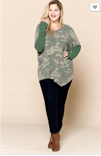 PLUS Camouflage printed brushed knit loose-fit top featuring a v-neckline, asymmetrical hem, and solid ribbed contrast long sleeves.  IN GREEN OR GREY