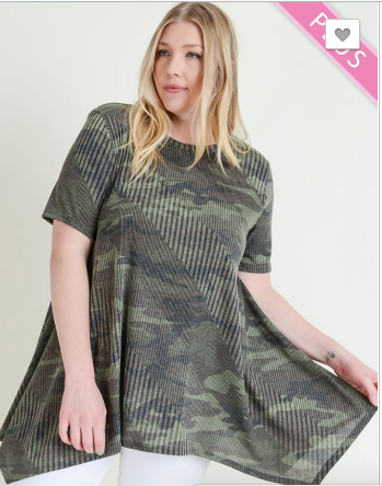 Plus Size Ribbed Camo Asymmetric Top