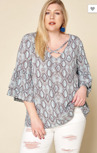 PLUS Caged V-Neck, Python Printed Blouse IN BLUE